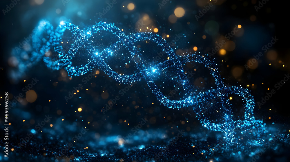 Poster a glowing, abstract representation of a dna helix with sparkling particles in a dark background.