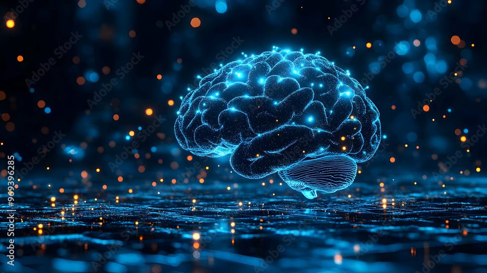 Poster a glowing, digital representation of a brain surrounded by shimmering particles.