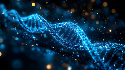 A glowing representation of a DNA double helix against a dark background with particles.