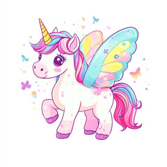 Fototapeta premium Cute cartoon unicorn with a colorful mane and wings, surrounded by butterflies, isolated on a white background.
