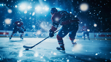 Hockey players battle for control of the puck during a fast-paced ice hockey game, with intense action under bright arena lights.