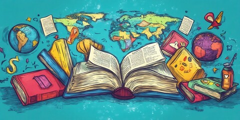 Poster promoting literacy with diverse books and cultural symbols, International Literacy Day, global celebration