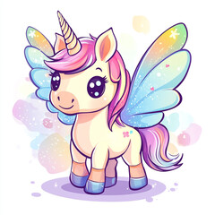Cute cartoon unicorn with a colorful mane and wings, surrounded by butterflies, isolated on a white background.