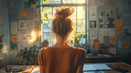 young looking at board filled representing with sunlight streaming through the window
