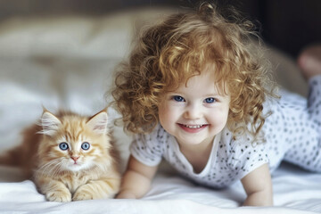 Little curly girl with a ginger kitten.