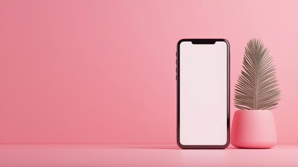 A stylish smartphone with a blank screen beside a modern pink planter, enhancing a contemporary workspace or living area.