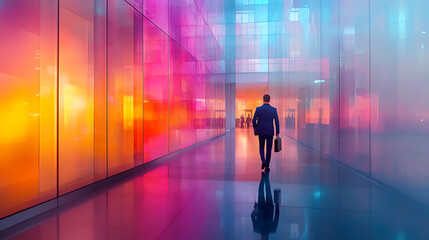 A man walks down a hallway with a briefcase in his hand