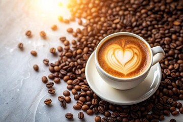 a high quality photo of a coffee in mug with a heart made on the coffee, on a wooden table, few coffee beans scattered around the mug