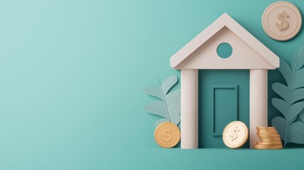 Stylish 3D illustration of a house model surrounded by coins, representing finance, investment, and savings on a turquoise background.