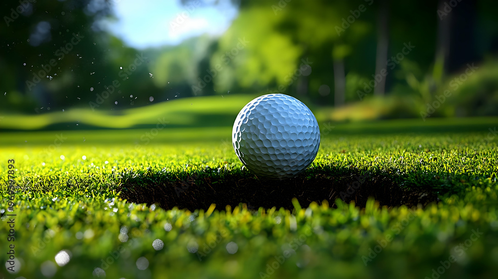 Poster A golf ball positioned near a hole on a lush green golf course.