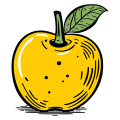 A yellow apple and green leaves