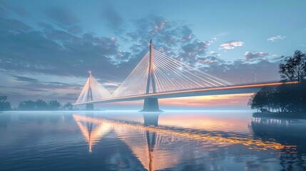Obraz premium Illuminated cable stayed bridge with dramatic architecture design reflecting on the calm river water at dusk