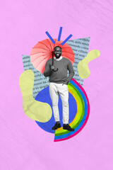 Fototapeta premium Sketch image trend artwork 3D photo collage of bright backdrop many elements young man model pose stand hold umbrella circle rainbow