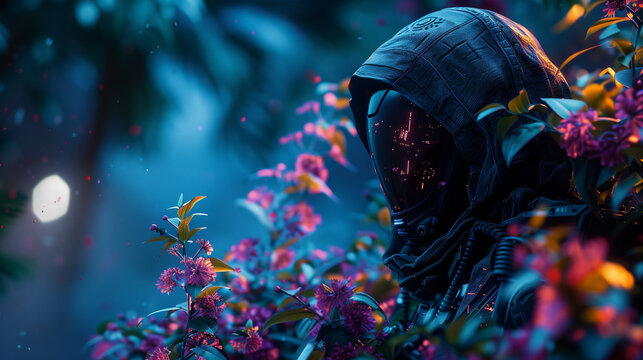 A cybernetic figure with a reflective helmet stands hidden among neon-lit flowers in a futuristic forest