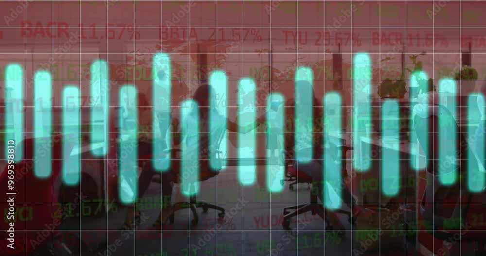 Aufkleber animation of digital data processing over office background