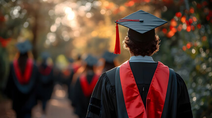 A group of graduates walking in caps and gowns during a ceremony.
