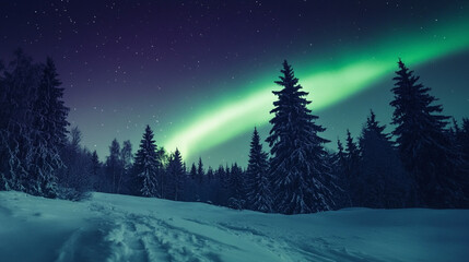 Northern Lights over the snowy forest, bright green and purple stripes in the sky, dark winter night, magical and mystical atmosphere.