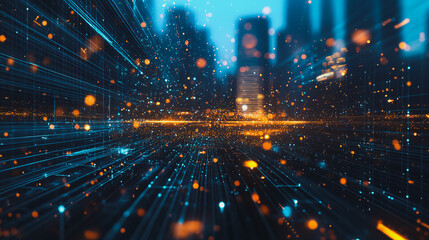 Naklejka premium Smart digital city with connection cyber security network reciprocity over the cityscape . future smart wireless digital city and social media networking systems that connects people within the city