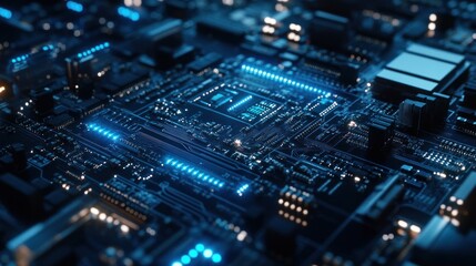 Fototapeta premium Closeup of a Circuit Board with Blue Glowing Lights
