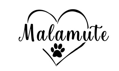 vecteur texte race malamute dans un coeur avec une empreinte de patte 