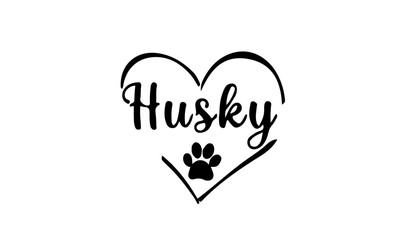 vecteur texte race husky dans un coeur avec une empreinte de patte 