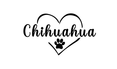 vecteur texte race chihuahua dans un coeur avec une empreinte de patte 