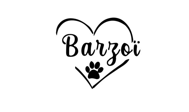 vecteur texte race barzoi dans un coeur avec une empreinte de patte 