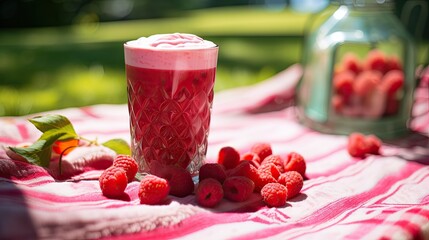 A vibrant raspberry smoothie in a glass, with a swirl of cream and a few fresh raspberries on top,...