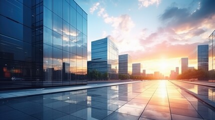 Fototapeta premium Modern office building or business center. High-rise window buildings made of glass reflect the clouds and the sunlight. empty street outside wall modernity civilization. growing up business