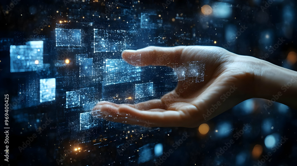 Poster a hand interacts with digital elements, symbolizing technology and data manipulation.