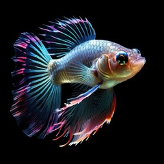 Fototapeta premium A vibrant betta fish with colorful fins swimming gracefully against a black background.