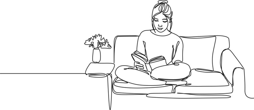 recommend clip art: continuous single line drawing of young woman sitting on sofa reading a book, line art vector illustration
