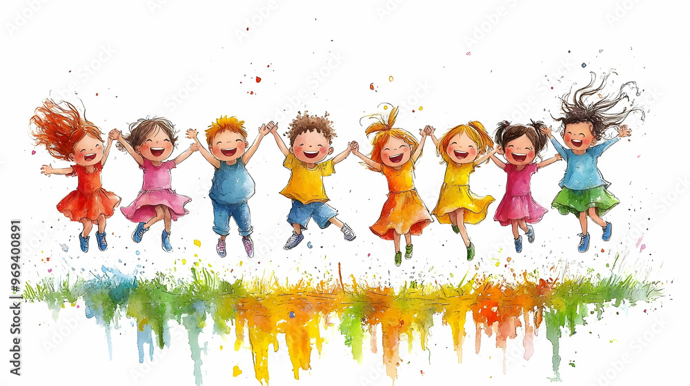 Wall mural a joyful group of children jumping and holding hands in a colorful, playful scene.