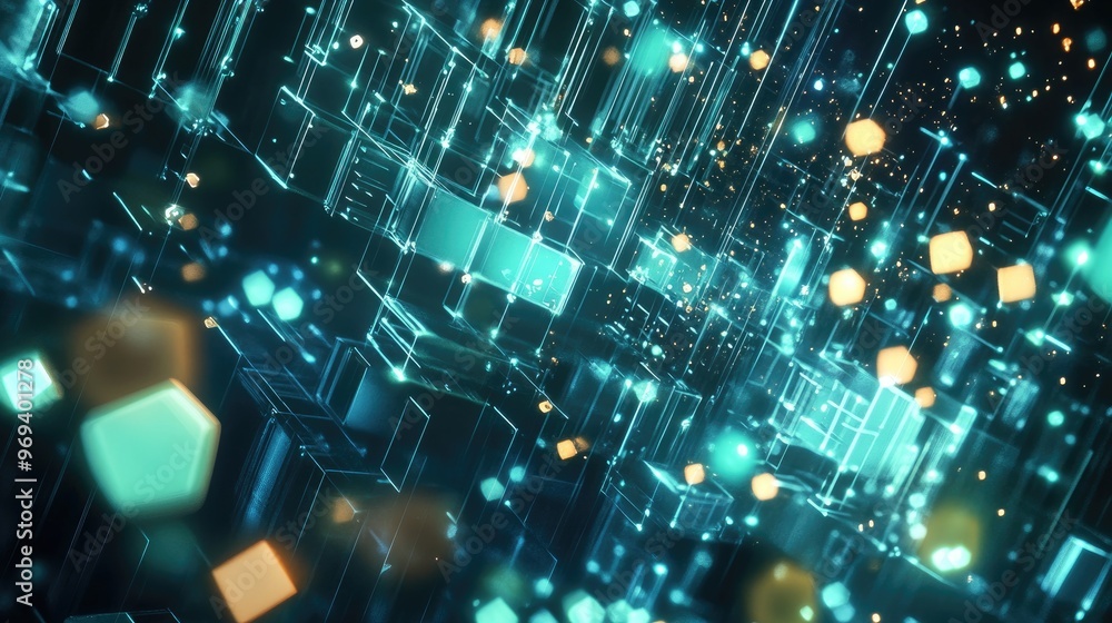 Poster 3d hexagonal shapes floating in a virtual environment, depicting futuristic digital worlds and conce