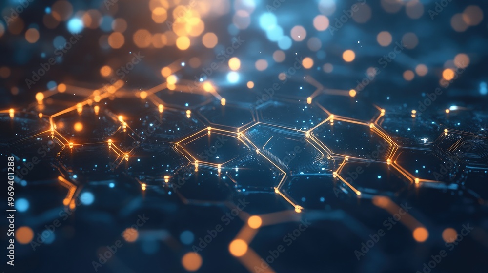 Poster 3d rendering of glowing hexagonal shapes in space, representing advanced technology and digital conc