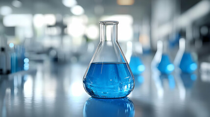A laboratory flask filled with blue liquid, surrounded by other glassware.