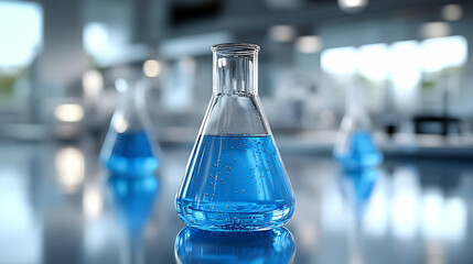 A laboratory scene featuring glass flasks with blue liquid, indicating scientific experimentation.