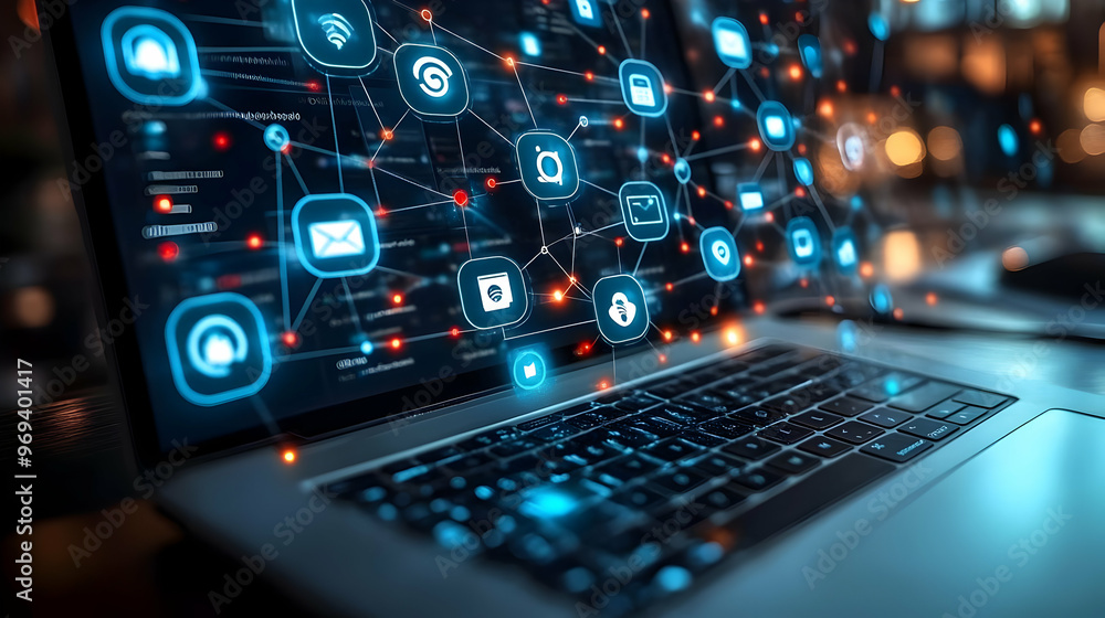 Poster a laptop displaying a network of digital icons and connections, symbolizing technology and communica