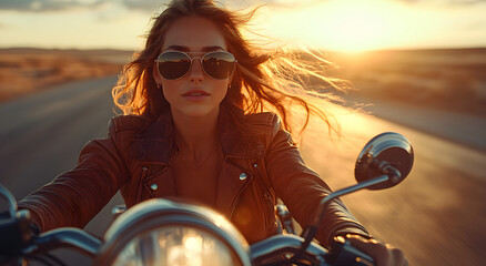 “A Photograph of a Woman Riding a Motorcycle on the Road, Capturing Freedom and Speed”
