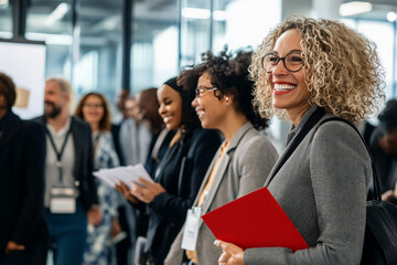 A diverse group of business professionals attend a conference, with one woman smiling brightly at the camera.