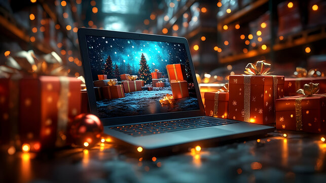 A laptop displaying a festive winter scene surrounded by colorful gift boxes and lights.