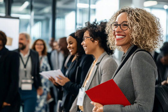 A diverse group of business professionals attend a conference, with one woman smiling brightly at the camera.