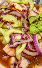 Vibrant seafood salad with shrimp and avocado.