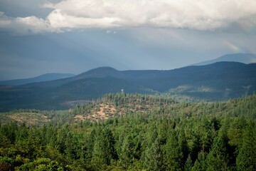 Forested mountain landscape with sun rays and clouds