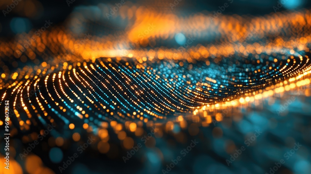 Poster a close-up of a digital fingerprint with data particles forming the pattern, illustrating biometric 