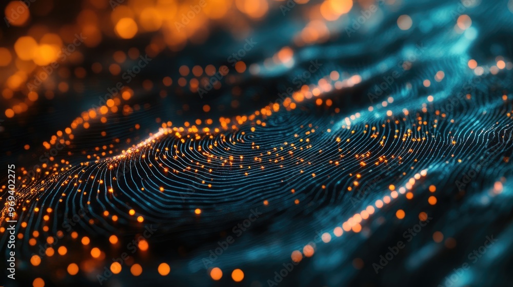 Poster a close-up of a digital fingerprint with data particles forming the pattern, illustrating biometric 
