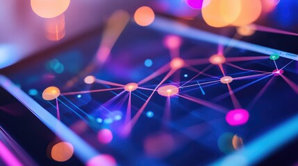 A close-up of a creative mind map on a digital tablet, with lines connecting various ideas and concept