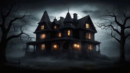 Scary victorian haunted house with lights glowing in windows at night, Halloween background