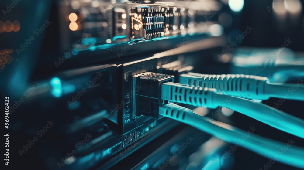 Poster a close-up of a network cable connected to a server, representing digital data transmission and netw