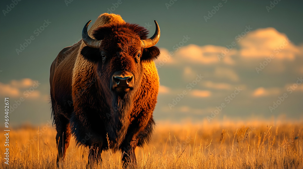 Wall mural A majestic bison standing in a golden grassland under a dramatic sky.